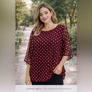 Burgundy Gold Polka Dot Sheer Sleeve Blouse
